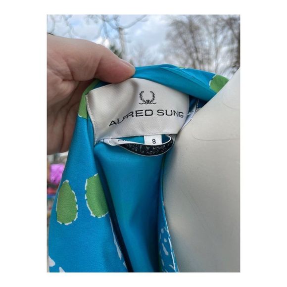 Alfred Sung Vintage 90s 100% Silk 3 Piece Dress Suit Turquoise Green Abstract - Picture 8 of 16